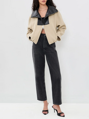 Contrast Stand Collar Cropped Zip Jacket