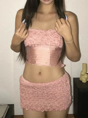 Pink Ruched Tube Top And Mini Skirt Set