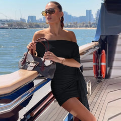Off Shoulder Short Sleeve Waist Tie Mini Dress