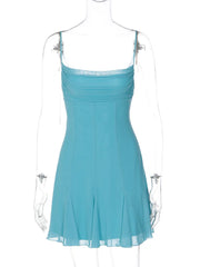 Mesh Frill Hem Spaghetti Strap Mini Dress