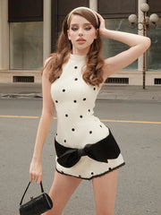 White Polka Dot Print Bow Desgin Mini Dress