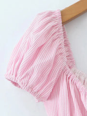 Striped Short Sleeve Ruched Bow Midi Dress