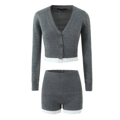 Grey Lace Trim Knit Cardigan And Shorts Set