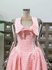 Plaid Collar Back Tie Up Midi Dress