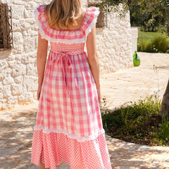 Pink Plaid Patchwork Ruffle Maxi Dress