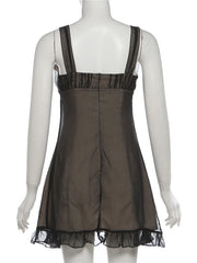 Black Sheer Layer V-neck Embroidery Ruffled Hem Mini Dress