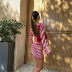 Red Stripe Ribbed Long Sleeve Mini Dress