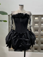 Bow Patchwork Ruffle Corset And Mini Skirt Set