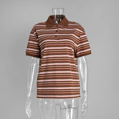 Retro Striped Short Sleeve Polo Neck T-shirt