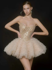 Strapless Rhinestones Mesh Tulle Puff Mini Dress