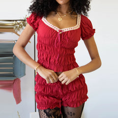 Ruched Short-Sleeve Tops And Bloomer Shorts Set