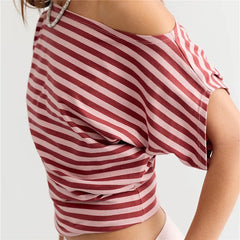 Striped Boat Neck Batwing Cap Sleeve Ruched Waist Top