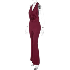 Deep V Neck Backless Flared Jumpsuit