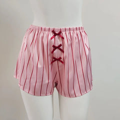Pink Striped Satin Crop Top And Shorts Loungewear Set