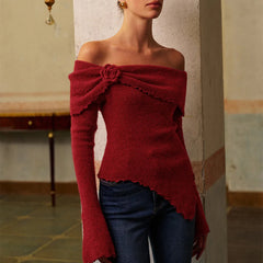 Red Knit Long Sleeve Off Shoulder Lettuce Edge Top