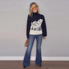 High-Necked Knitted Mountain Print Sweater