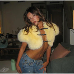 Cropped Faux Fur Lace Up Jacket