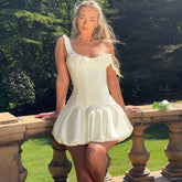 White Puff Ruffle Strap Mini Dress