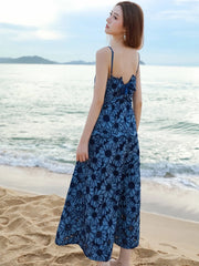 Blue Floral Embroidery Midi Dress