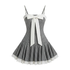 Black Plaid Bow Lace Trim A-line Mini Dress