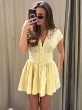 Cap Sleeve Buttoned Pleated Mini Dress