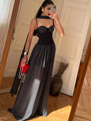 Black Polka Dot Patchwork Maxi Dress With Scarf