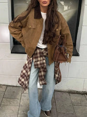 Brown Lapel Ribbed Collar Patchwork Pocket Jacket