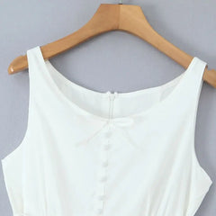 Women's white front buttons tank maxi dress with O-neck and fit-and-flare silhouette.