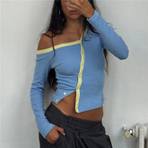 Off Shoulder Contrast Colour Button Long Sleeve Cardigan