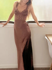 Brown Lace Patchwork Satin Strap Maxi Dress