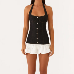 Black Denim Pleated Halter Mini Dress