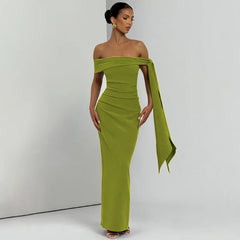 Slash Neck Off-Shoulder Ribbon Split Maxi Dress
