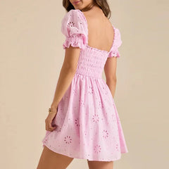 Square Collar Jacquard Puff Sleeve Mini Dress