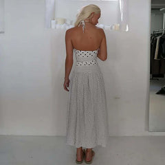 Polka Dot Patchwork Print Halter Maxi Dress