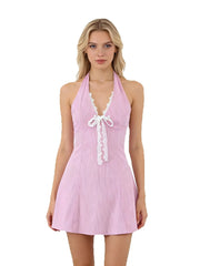 Striped Print Halter Bow Mini Dress
