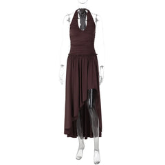 Brown Ruched Halter Midi Dress