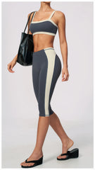 Two-Tone Contrast Seam Crop Top And Capri Leggings Set