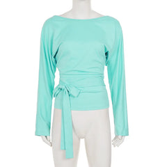 Blue Off-Shoulder Long Sleeve Tie-Up Waist Top