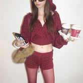 Red Knit Polka Dot Zip Up Long Sleeve Cropped Hoodie and Shorts Matching Set