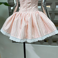 Striped Lace Trim Boned Bodice Flared Mini Dress