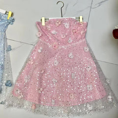Sequins Strapless 3D Flowers Mini Dress