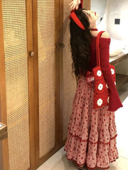 Red Strawberry Print Tassel Long Skirt - Sweet Ball Gown A-Line