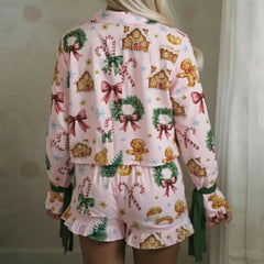 Christmas Long Sleeve Cartoon Print Shirt And Shorts Set