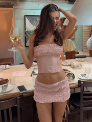 Pink Ruched Tube Top And Mini Skirt Set