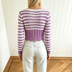 Purple White Striped Cropped Knit Bow Long Sleeve Top