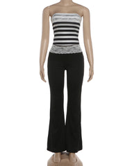 Black Lace Patchwork Short Sleeve Shawl And Stripe Print Tank Tops And Flared Pants Set