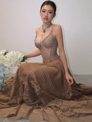 Jacquard Patchwork See Through Top And Long Skirts Set