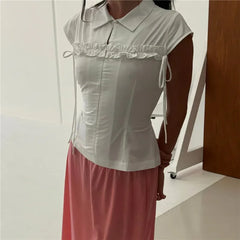 Lapel Ruffle Side Drawstring Tie Waist Blouse