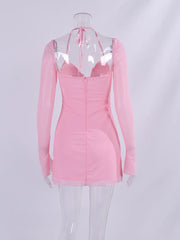 Pink Long Sleeve Mesh Bralette Tie Up Mini Dress