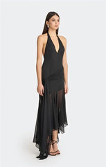 Sheer Halter V Neck Ruffle Pleated Hem Maxi Dress